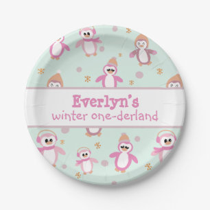 Plato De Papel Pingüino rosa de invierno de primer cumpleaños del
