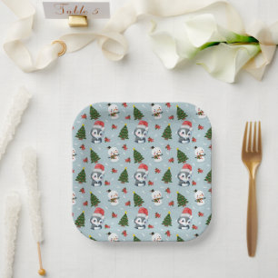 Plato De Papel Pingüino Santa Feliz Feliz Feliz Navidad