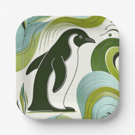 Plato De Papel Pingüino Verde De Oliva Lime En Hojas De Flora De 