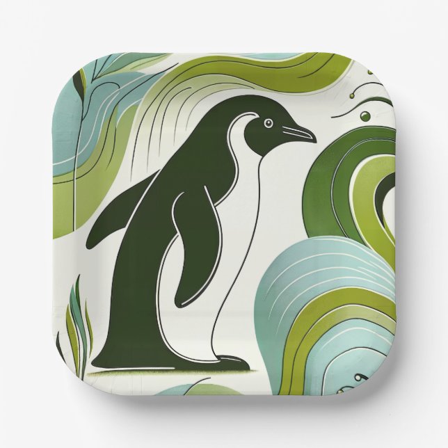 Plato De Papel Pingüino Verde De Oliva Lime En Hojas De Flora De  (Anverso)