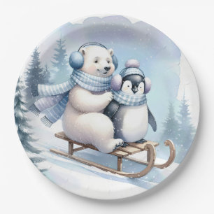 Plato De Papel Pingüino y oso polar en un trineo
