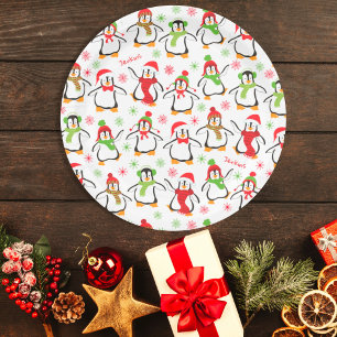 Plato De Papel Pingüinos bailarines Navidades del patrón rojo y v