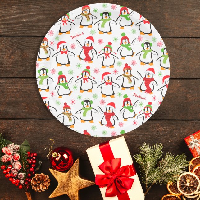 Plato De Papel Pingüinos bailarines Navidades del patrón rojo y v (Subido por el creador)