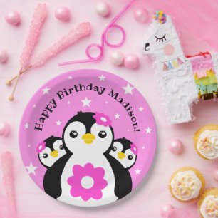 Plato De Papel Pingüinos Chicas de cumpleaños felices