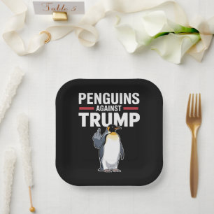 Plato De Papel Pingüinos con Aletas Arriba Resisten a Trump