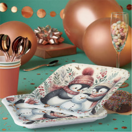 Plato De Papel Pingüinos Construyendo Un Snowman