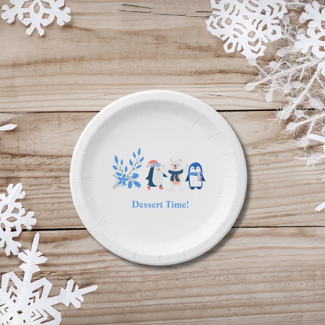 Plato De Papel Pingüinos de invierno azul postre oso polar (Subido por el creador)