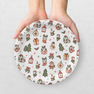 Plato De Papel Pingüinos de Navidad Rojo Verde