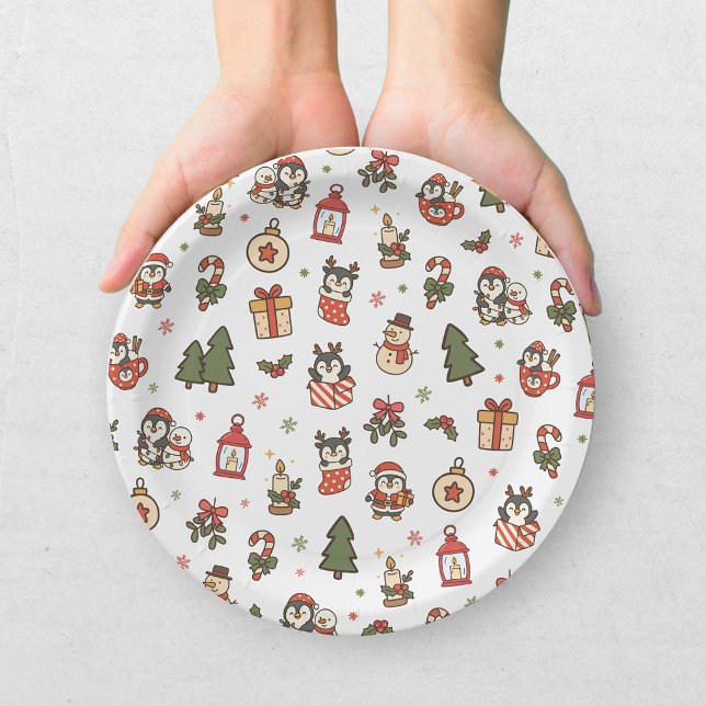 Plato De Papel Pingüinos de Navidad Rojo Verde (Subido por el creador)