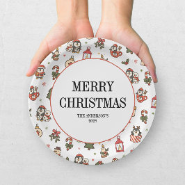 Plato De Papel Pingüinos de Navidad Rojo Verde