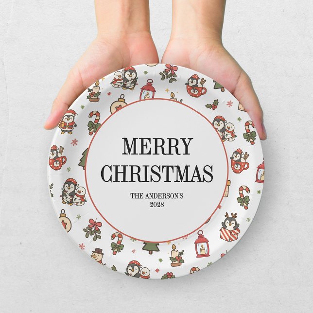 Plato De Papel Pingüinos de Navidad Rojo Verde (Subido por el creador)