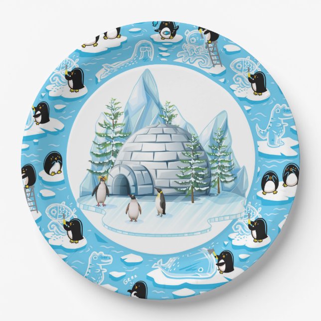 Plato De Papel Pingüinos En Juego (Anverso)