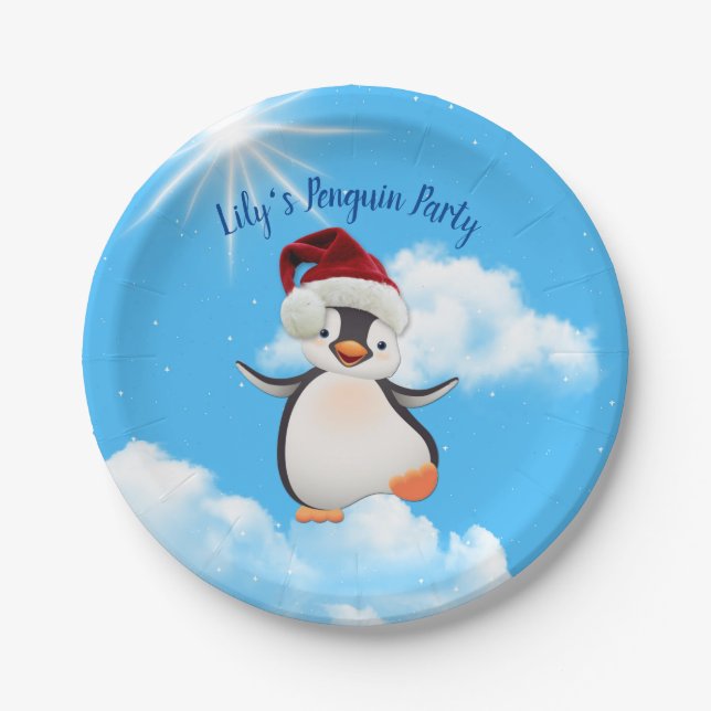 Plato De Papel Pingüinos felices, gorras de Santa (Anverso)