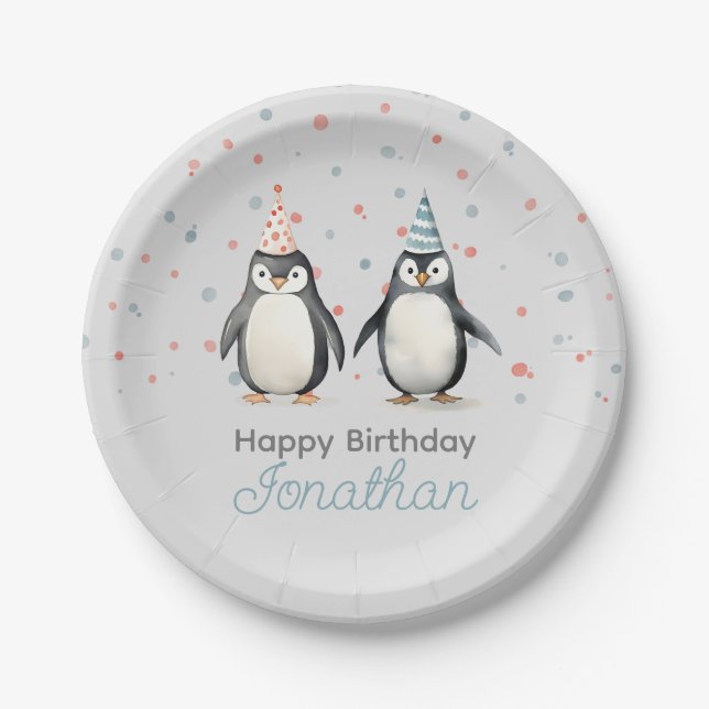 Plato De Papel Pingüinos fiestas, acuarela, cumpleaños de niños (Anverso)
