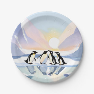 Plato De Papel Pingüinos Invierno Acuarela Nieve y Hielo Lindos