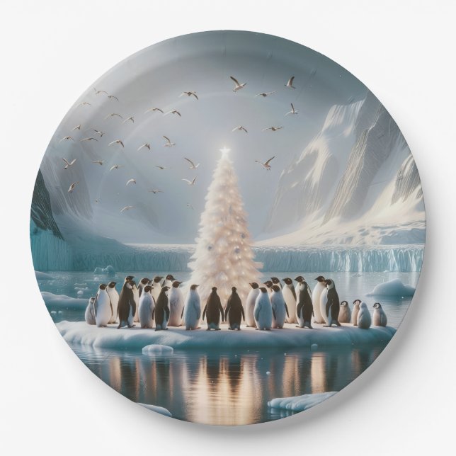 Plato De Papel Pingüinos navidades reunidos alrededor de un árbol (Anverso)