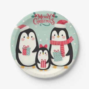 Plato De Papel Pingüinos nevados de Feliz Navidad