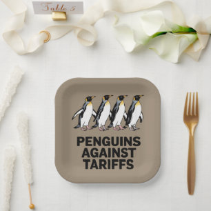 Plato De Papel Pingüinos Vintage Protestan Contra Aranceles Diver