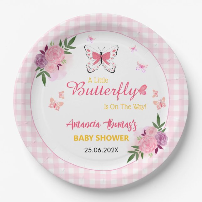 Plato De Papel Pink A Little Butterfly Is On The Way Baby Shower  (Anverso)