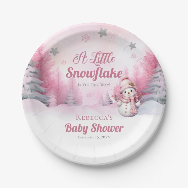 Plato De Papel Pink A Little Snowflake | Baby Shower Chica de nie (Anverso)