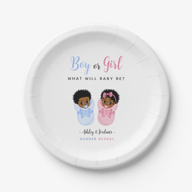 Plato De Papel Pink and Blue African American Baby Gender Reveal  (Anverso)