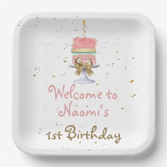Plato De Papel Pink and Gold 1º cumpleaños (Anverso)