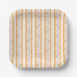 Plato De Papel Pink and Orange Cottage Floral Stripe Patterned