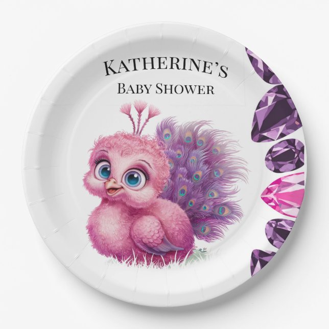 Plato De Papel Pink and Purple Baby Peacock Baby Shower (Anverso)