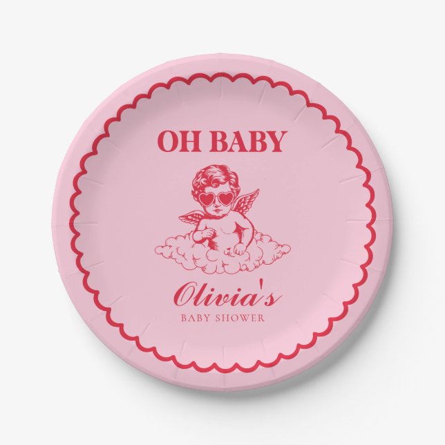 Plato De Papel Pink and Red Retro Cherub Baby Shower (Anverso)