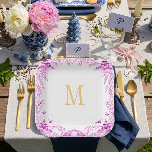 Plato De Papel Pink and White Floral Willow Tile Monogram (Pink and White Floral Willow Tile Monogram Paper Plates)