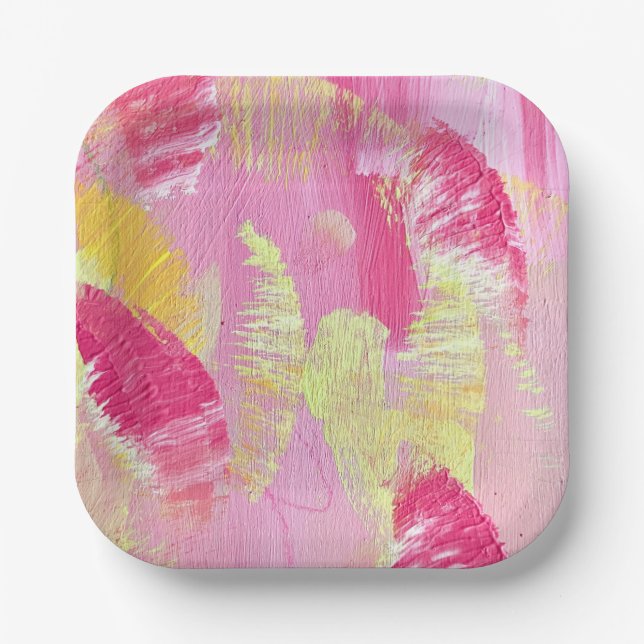 Plato De Papel Pink and Yellow Abstract Art Paper Plate (Anverso)