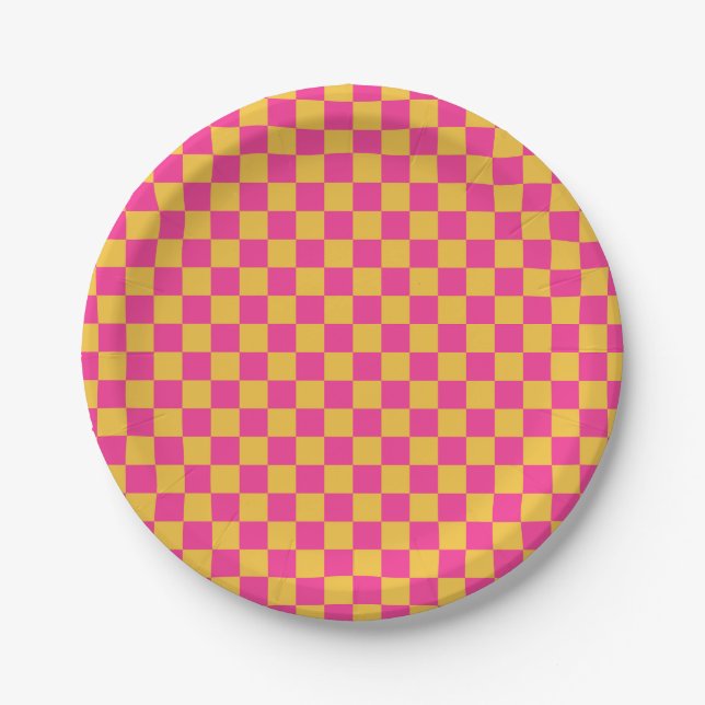 Plato De Papel Pink and Yellow Checkerboard (Anverso)