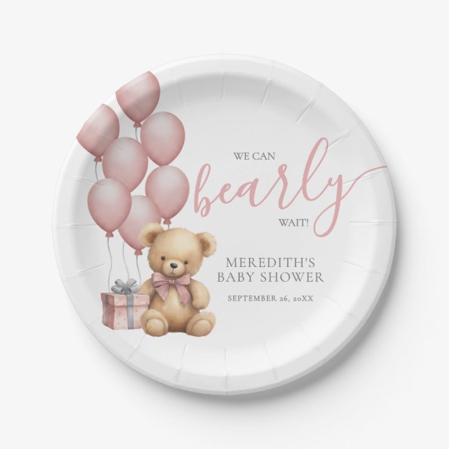 Plato De Papel Pink Balloon Bear Baby Shower (Anverso)