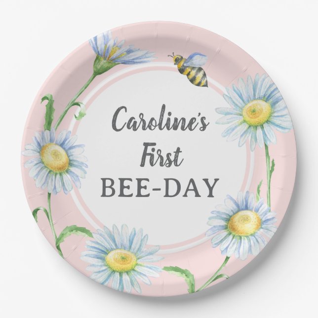 Plato De Papel Pink Bee-Day Birthday Paper Plates with Daisies (Anverso)