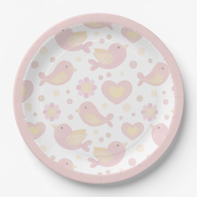 Plato De Papel Pink Birds Nesting Party (Anverso)