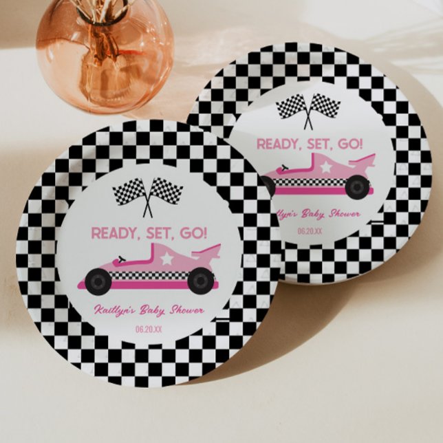 Plato De Papel Pink Black Race Car Ready Go Baby Shower (Subido por el creador)