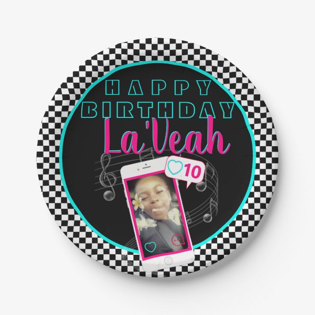 Plato De Papel Pink|Blue Cellphone Foto de medios sociales Cumple (Anverso)