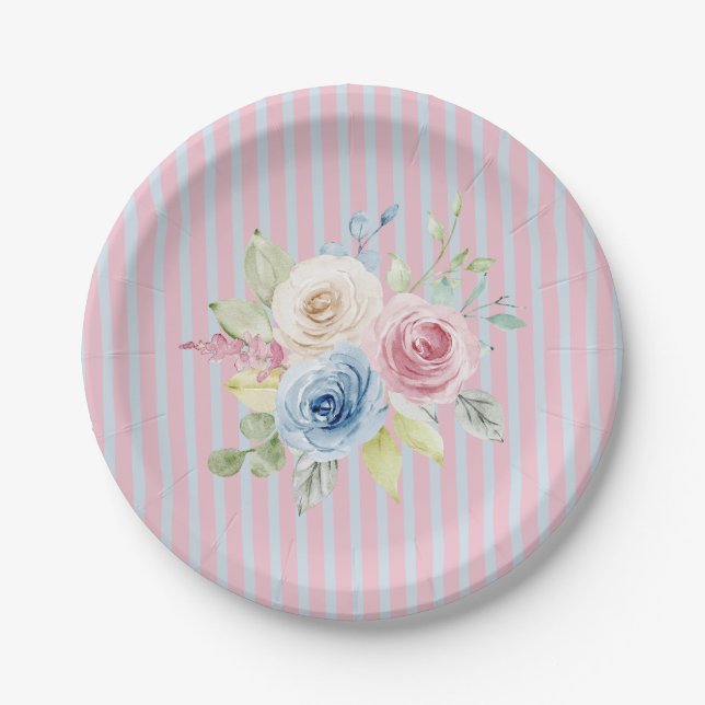 Plato De Papel Pink Blue Floral coquette  (Anverso)