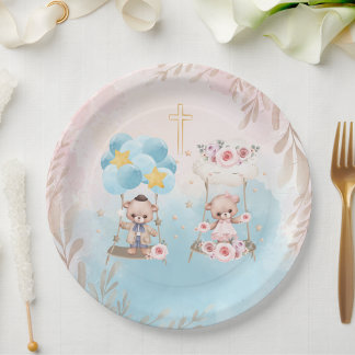 Plato De Papel Pink & Blue Twin Teddy Bears on Swing Gold Cross