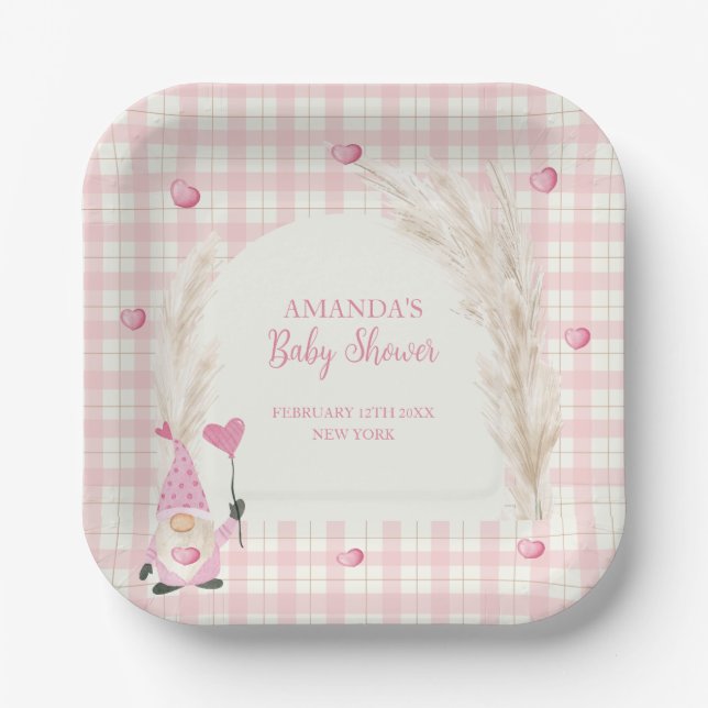 Plato De Papel Pink Boho Arch Gingham Baby Shower (Anverso)