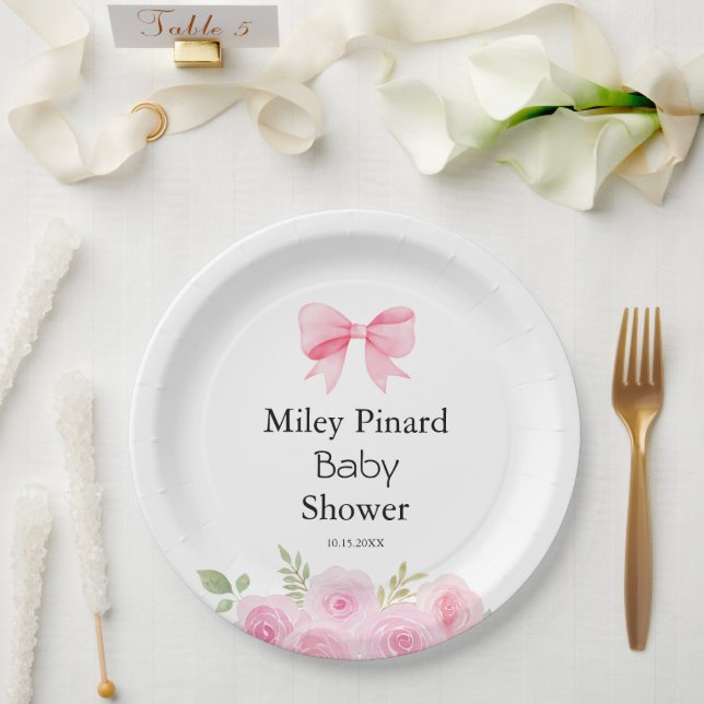Plato De Papel Pink Bow and Floral Baby Shower (Boda)