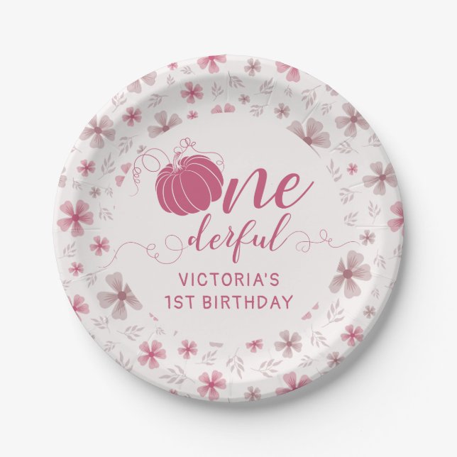 PLATO DE PAPEL PINK BOW & ARCH FALL PUMPKIN FLOWERS BIRTHDAY (Anverso)