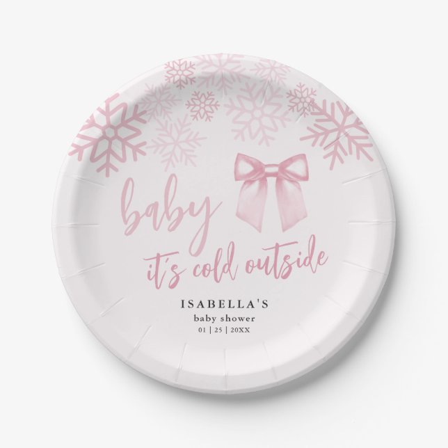 Plato De Papel Pink Bow Baby Its Cold Outside Baby Shower (Anverso)