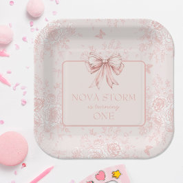 Plato De Papel Pink Bow Birday Party Whimsy Toile Personalizado