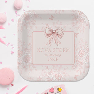 Plato De Papel Pink Bow Birday Party Whimsy Toile Personalizado