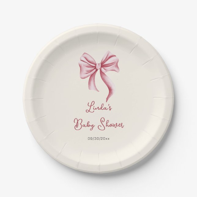 Plato De Papel Pink Bow Calligraphy Girl Baby Shower (Anverso)