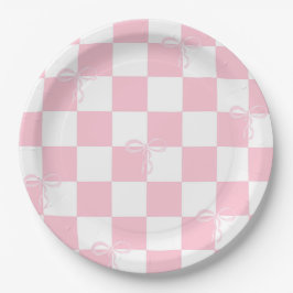 Plato De Papel Pink Bow Checkered Girly Bachelorette