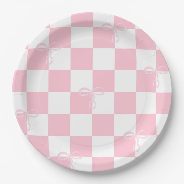 Plato De Papel Pink Bow Checkered Girly Bachelorette (Anverso)
