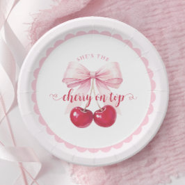 Plato De Papel Pink Bow Cherry Baby Shower Paper Plates