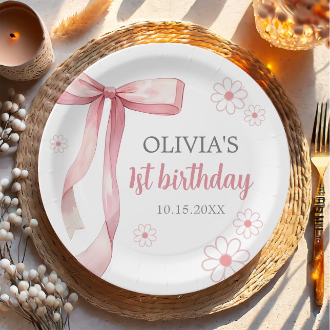 Plato De Papel Pink Bow Chica de cumpleaños 1 (Subido por el creador)